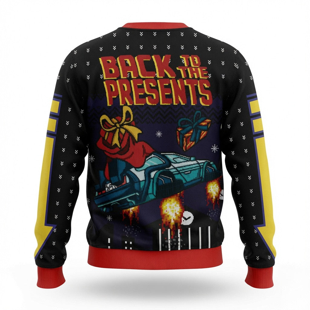 Back To The Present Ugly Christmas Sweater - Retro Sci-Fi Time Machine Holiday Knit Print