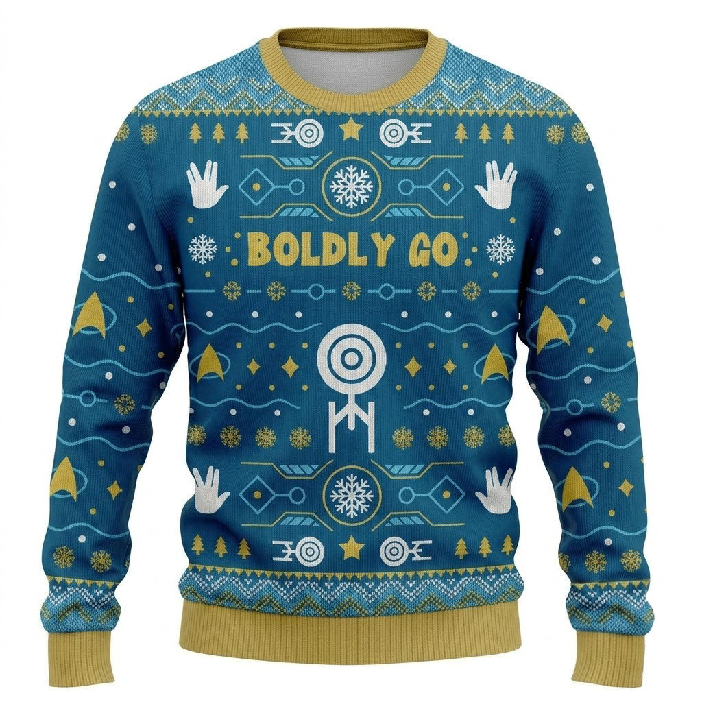 Boldly Into Blue Ugly Christmas Sweater - Space Exploration Holiday Knit Print