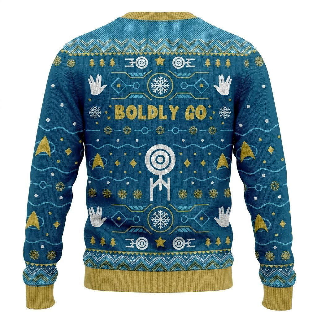 Boldly Into Blue Ugly Christmas Sweater - Space Exploration Holiday Knit Print