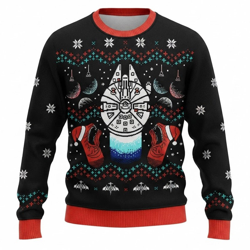 Star Wars Millennium Falcon Ugly Christmas Sweater - Cave Black Sci-Fi Knit Print
