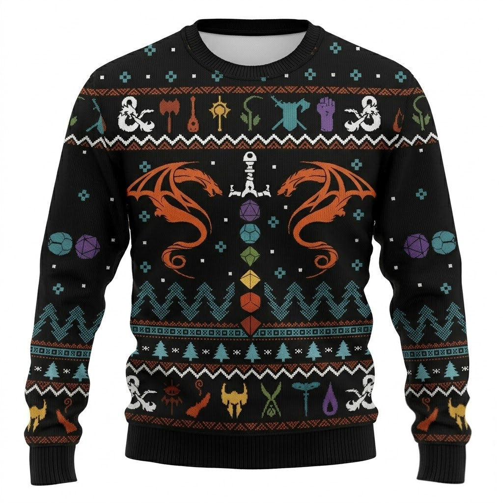 Dragon Dice Weapon Black Ugly Christmas Sweater - Tabletop RPG Holiday Knit Print