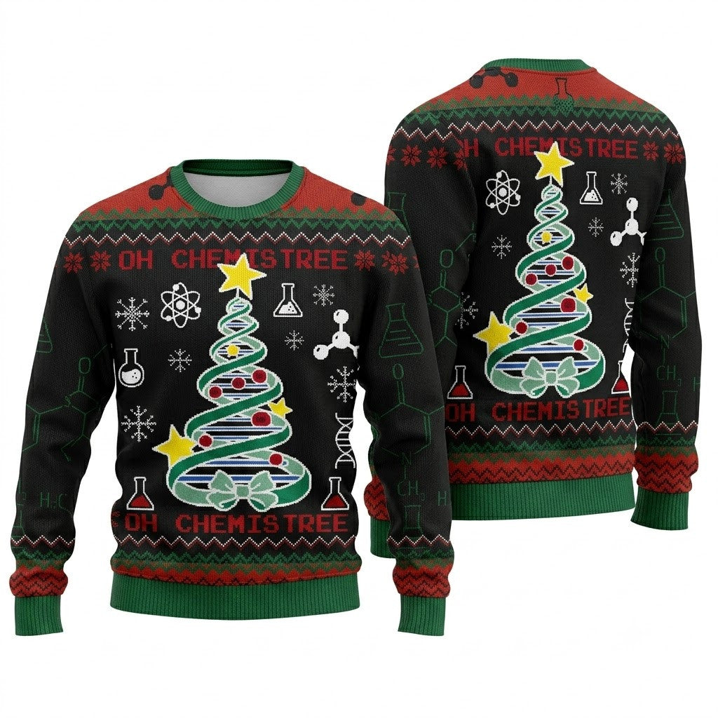 Oh Chemist Tree DNA Tree Ugly Christmas Sweater - Science Holiday Knit Print