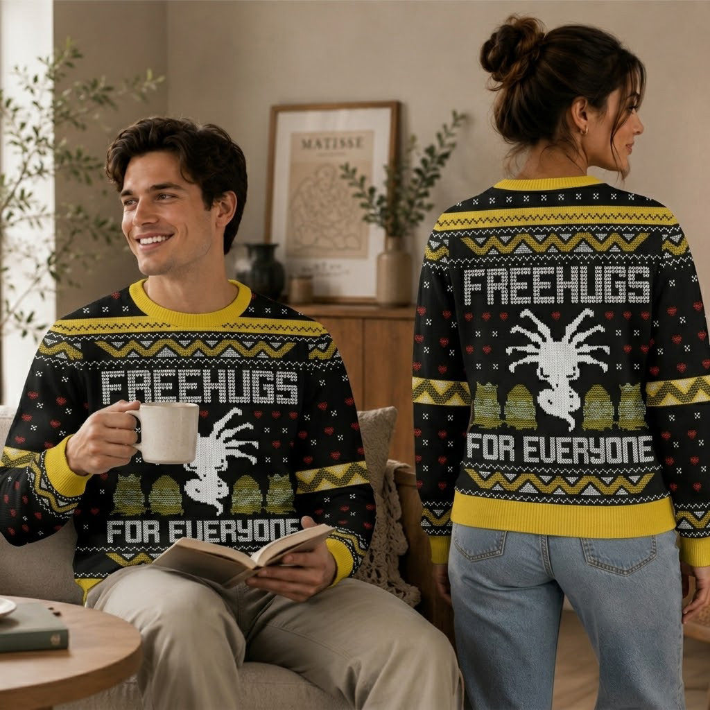 Free Hugs For Everyone Ugly Christmas Sweater - Funny Sci-Fi Holiday Knit Print