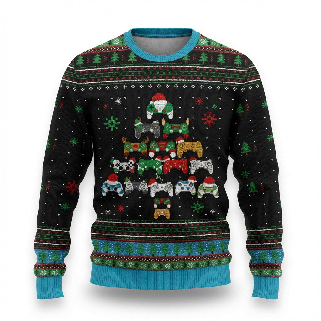Gaming Tree Ugly Christmas Sweater - Gamer Holiday Gamepad Holiday Knit Print