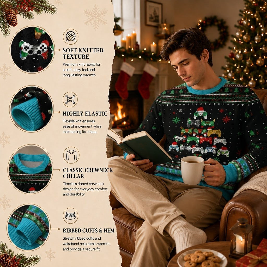 Gaming Tree Ugly Christmas Sweater - Gamer Holiday Gamepad Holiday Knit Print