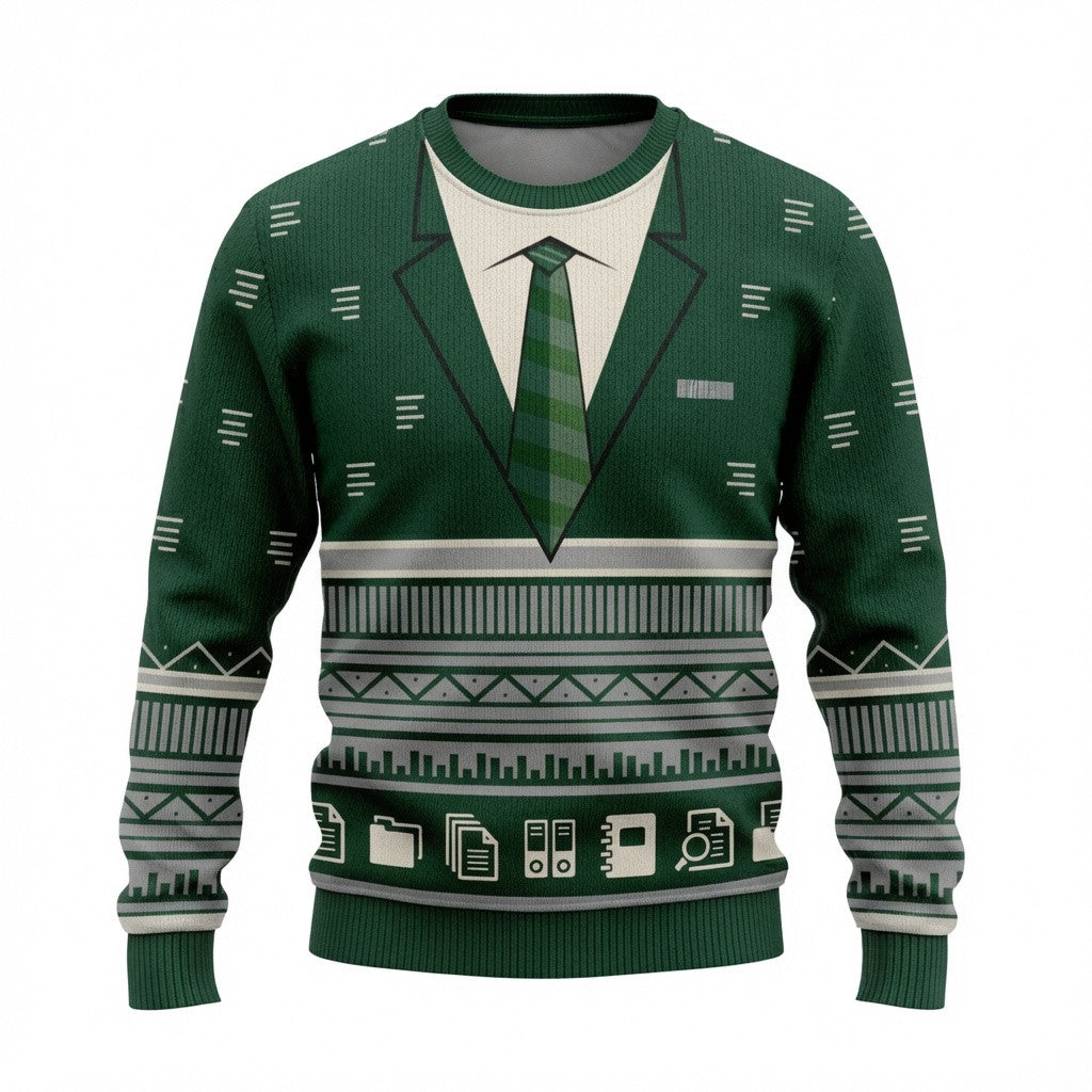 Green Tie Shirt Ugly Christmas Sweater - Funny Office Suit Holiday Knit Print