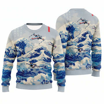 Ukiyoe Wave Fighter Ugly Christmas Sweater - Star Wars Art Japanese Style Holiday Knit Print