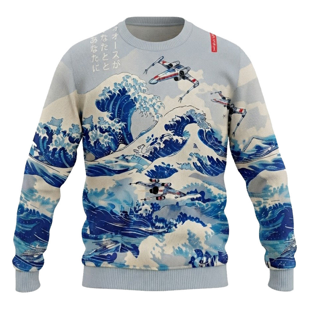 Ukiyoe Wave Fighter Ugly Christmas Sweater - Star Wars Art Japanese Style Holiday Knit Print
