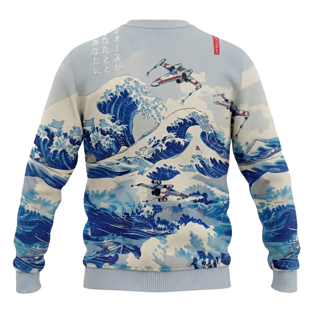 Ukiyoe Wave Fighter Ugly Christmas Sweater - Star Wars Art Japanese Style Holiday Knit Print