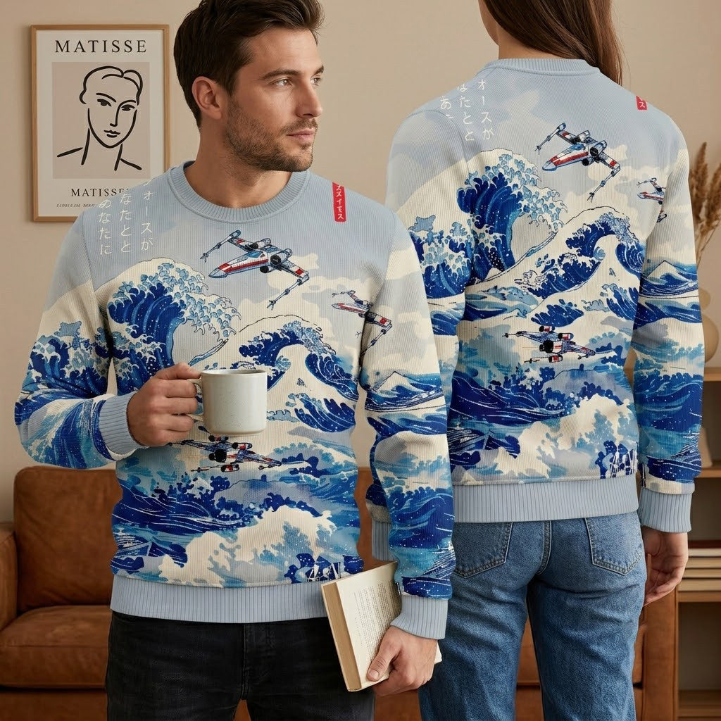 Ukiyoe Wave Fighter Ugly Christmas Sweater - Star Wars Art Japanese Style Holiday Knit Print