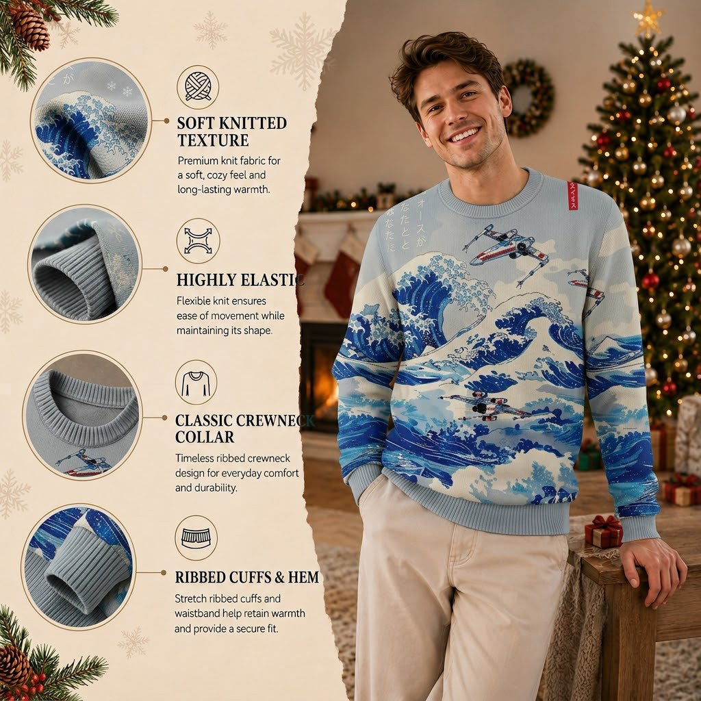 Ukiyoe Wave Fighter Ugly Christmas Sweater - Star Wars Art Japanese Style Holiday Knit Print