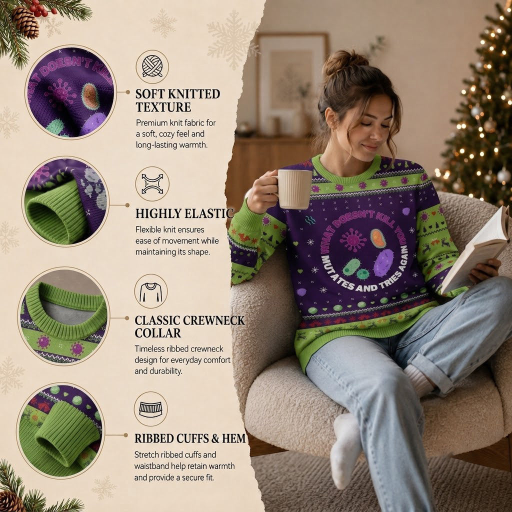 Science Ugly Christmas Sweater - What Does Not Kill You Mutates Holiday Knit Print