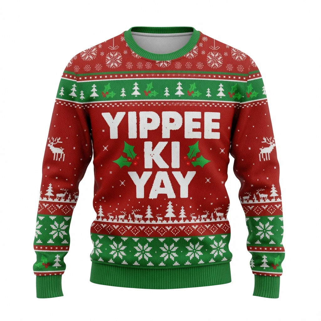 Yippee Ki Yay Ugly Christmas Sweater - Action Movie Holiday Knit Print