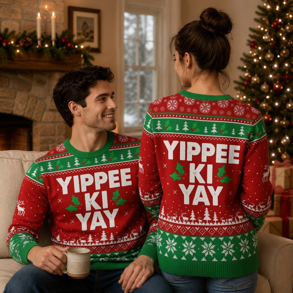 Yippee Ki Yay Ugly Christmas Sweater - Action Movie Holiday Knit Print