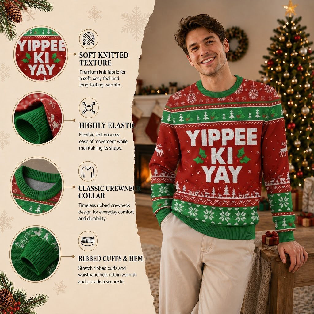 Yippee Ki Yay Ugly Christmas Sweater - Action Movie Holiday Knit Print
