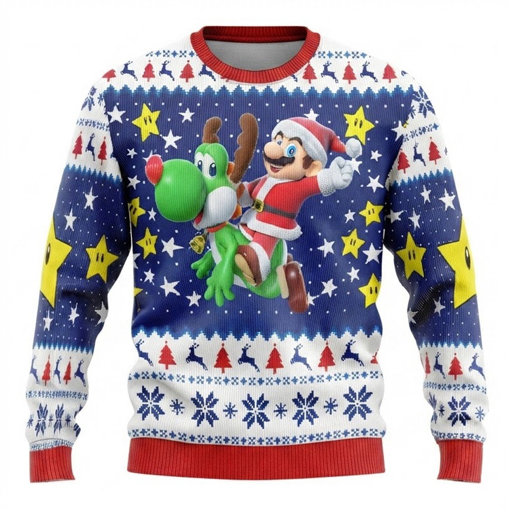 Super Mario Bros Ugly Christmas Sweater - Festive Gamer Holiday Knit Print
