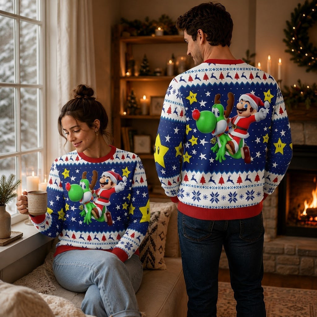 Super Mario Bros Ugly Christmas Sweater - Festive Gamer Holiday Knit Print