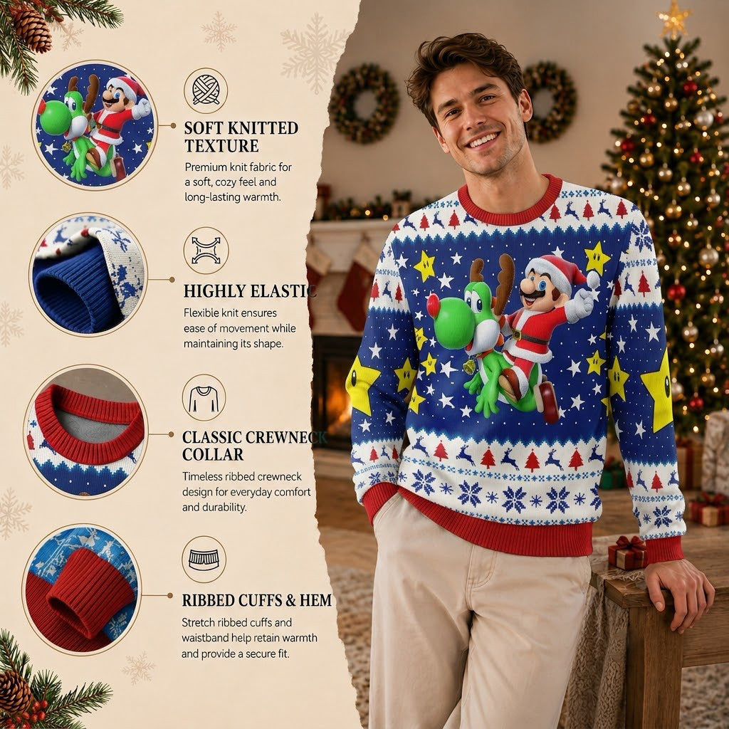 Super Mario Bros Ugly Christmas Sweater - Festive Gamer Holiday Knit Print