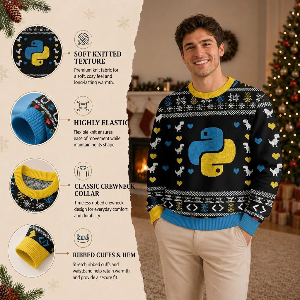 Python Logo Ugly Christmas Sweater - Geeky Programmer Holiday Knit Print