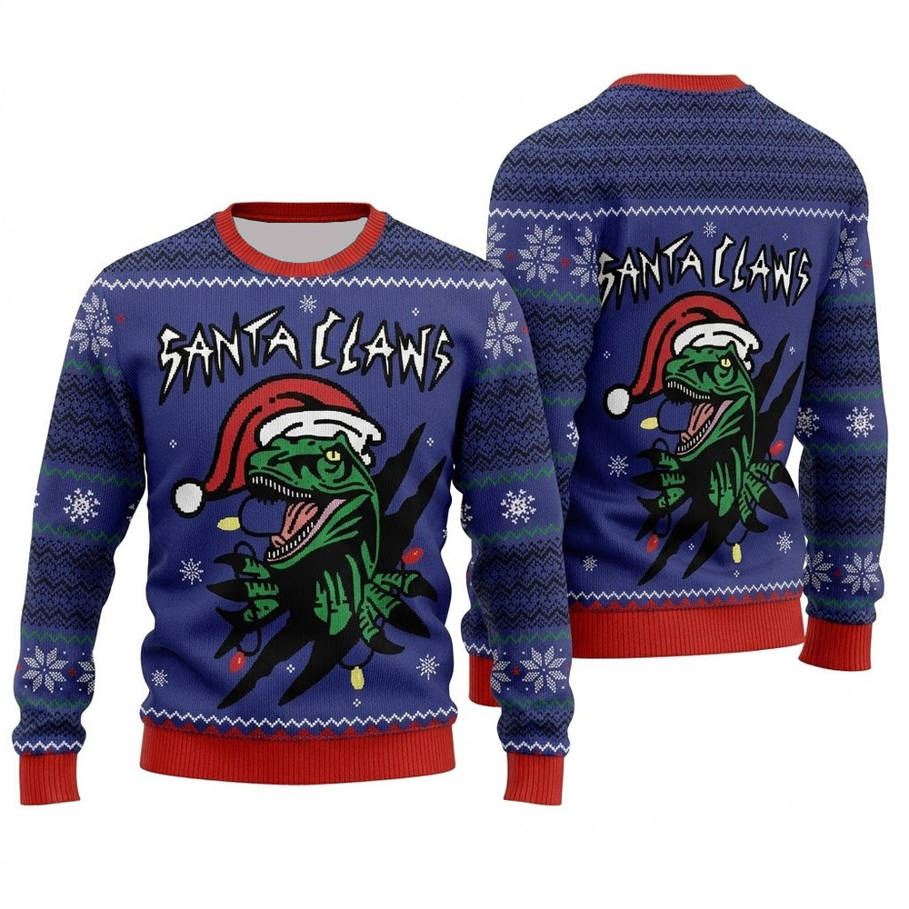 Santa Claws Dinosaur Ugly Christmas Sweater - Funny Jurassic Holiday Knit Print