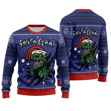 Santa Claws Dinosaur Ugly Christmas Sweater - Funny Jurassic Holiday Knit Print