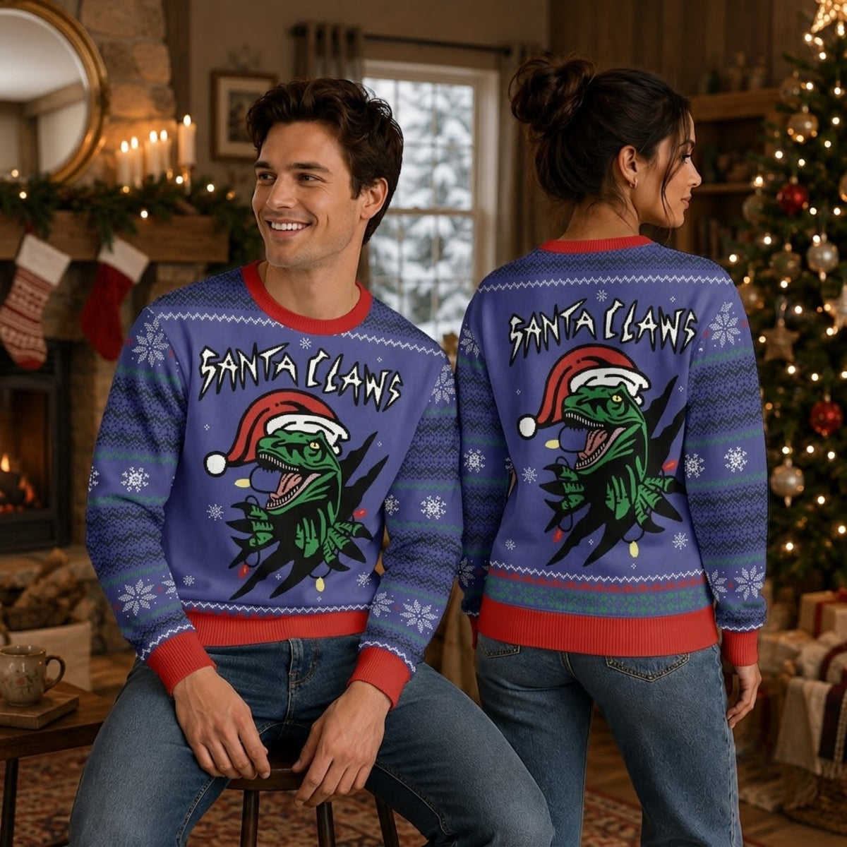 Santa Claws Dinosaur Ugly Christmas Sweater - Funny Jurassic Holiday Knit Print