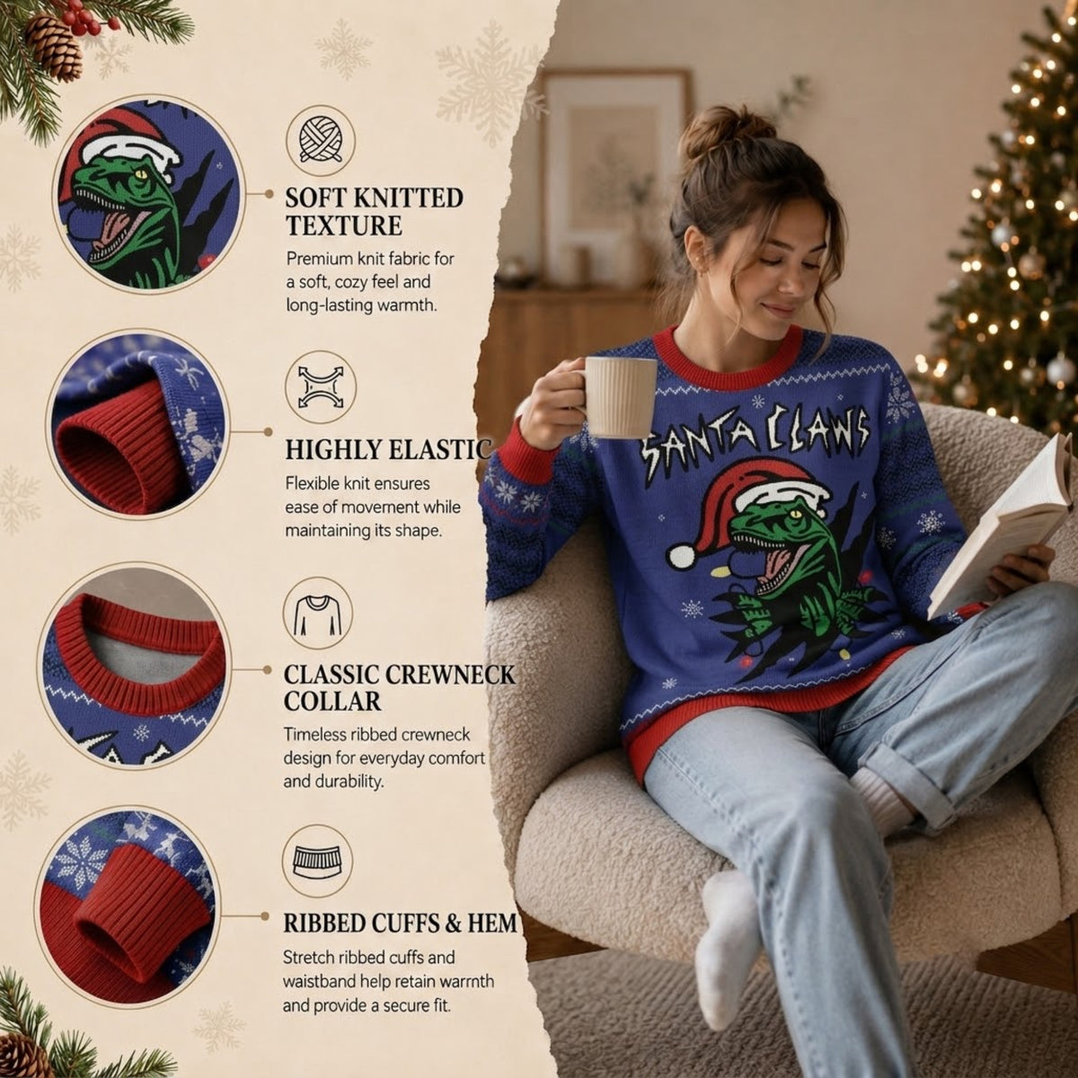 Santa Claws Dinosaur Ugly Christmas Sweater - Funny Jurassic Holiday Knit Print
