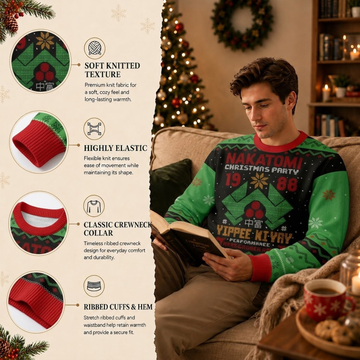 Tower Plaza Christmas Party 1988 Ugly Christmas Sweater - Funny 80s Action Holiday Knit Print
