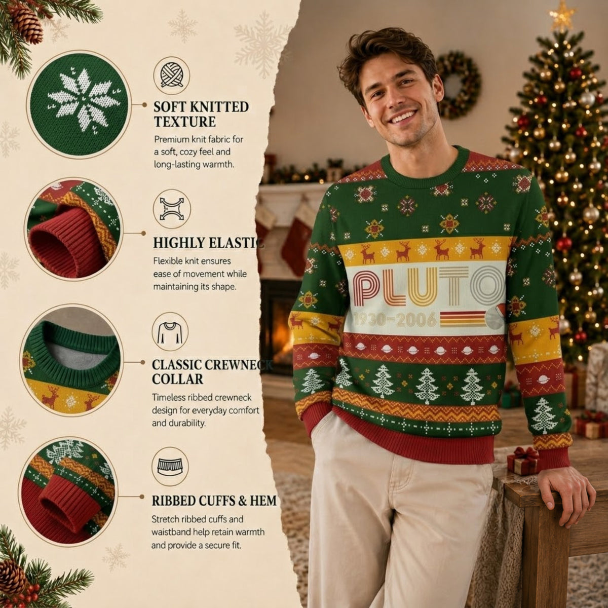 PLUTO Nerd Ugly Christmas Sweater - Vintage Astronomy Holiday Knit Print