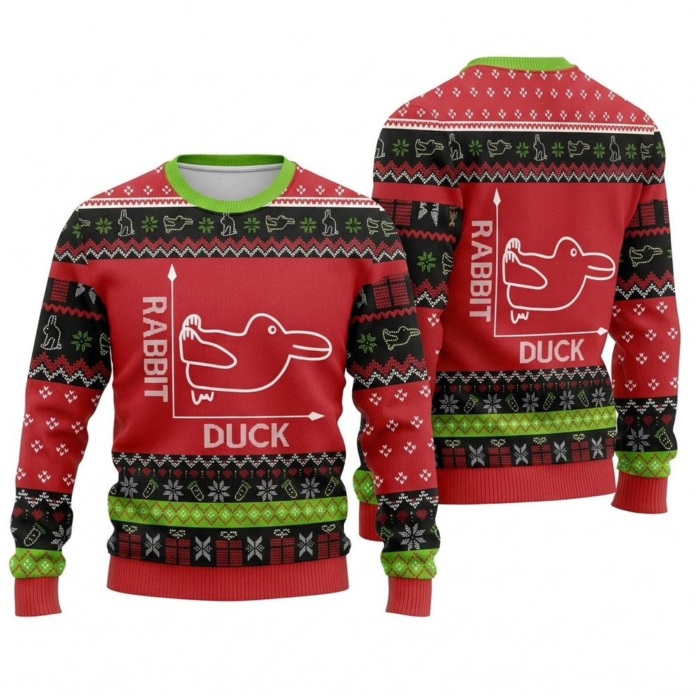 Rabbit or Duck Ugly Christmas Sweater - Funny Optical Illusion Red Holiday Knit Print
