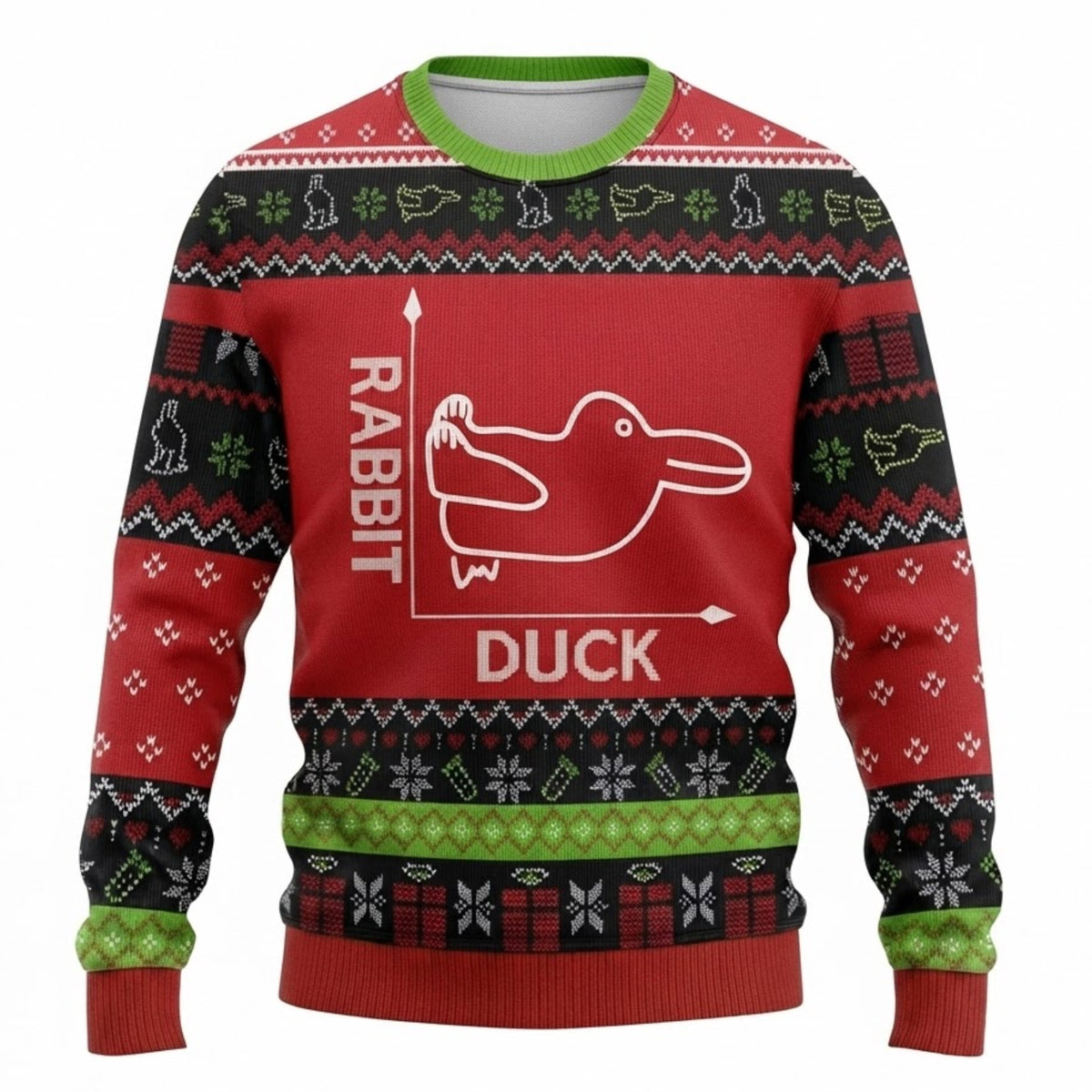 Rabbit or Duck Ugly Christmas Sweater - Funny Optical Illusion Red Holiday Knit Print