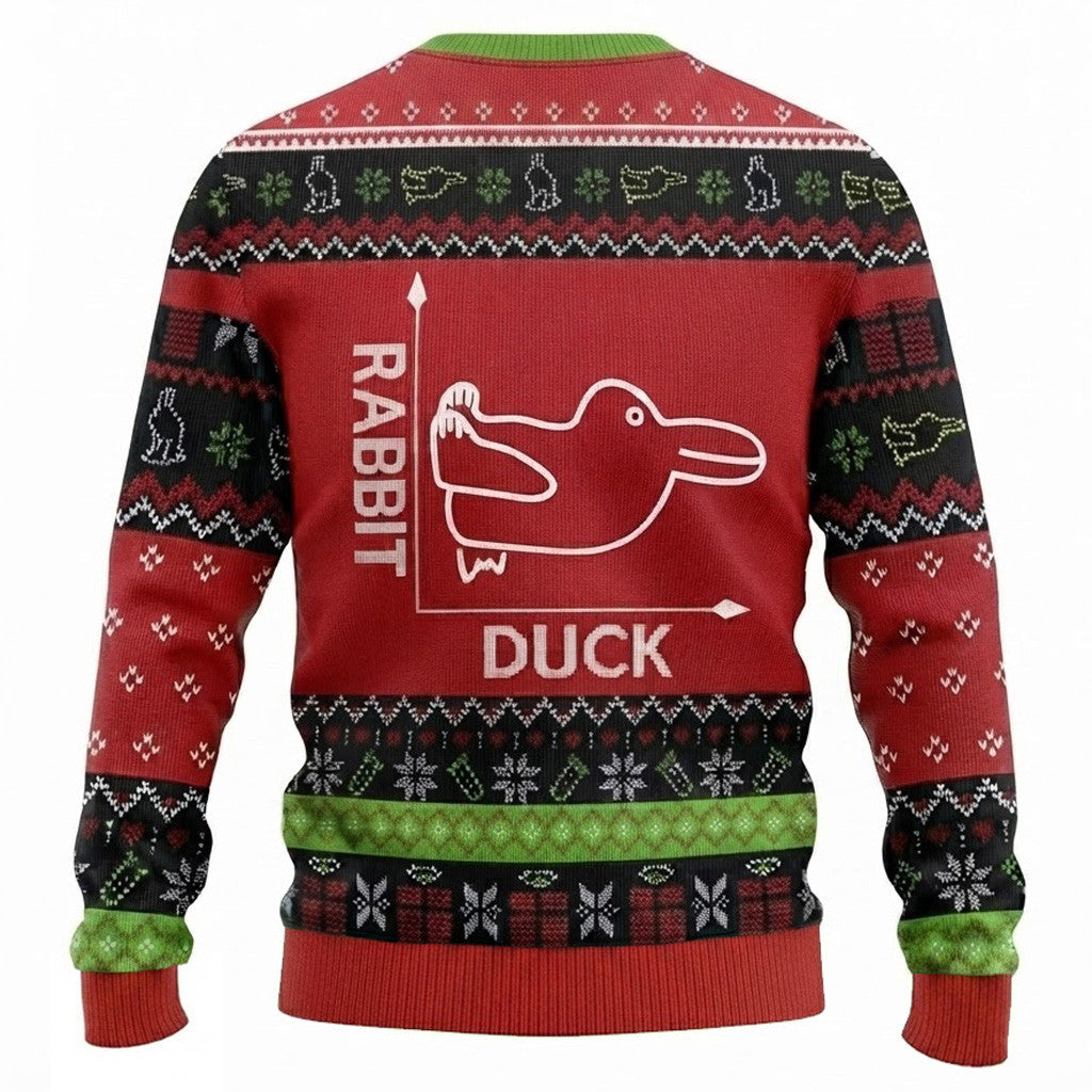 Rabbit or Duck Ugly Christmas Sweater - Funny Optical Illusion Red Holiday Knit Print