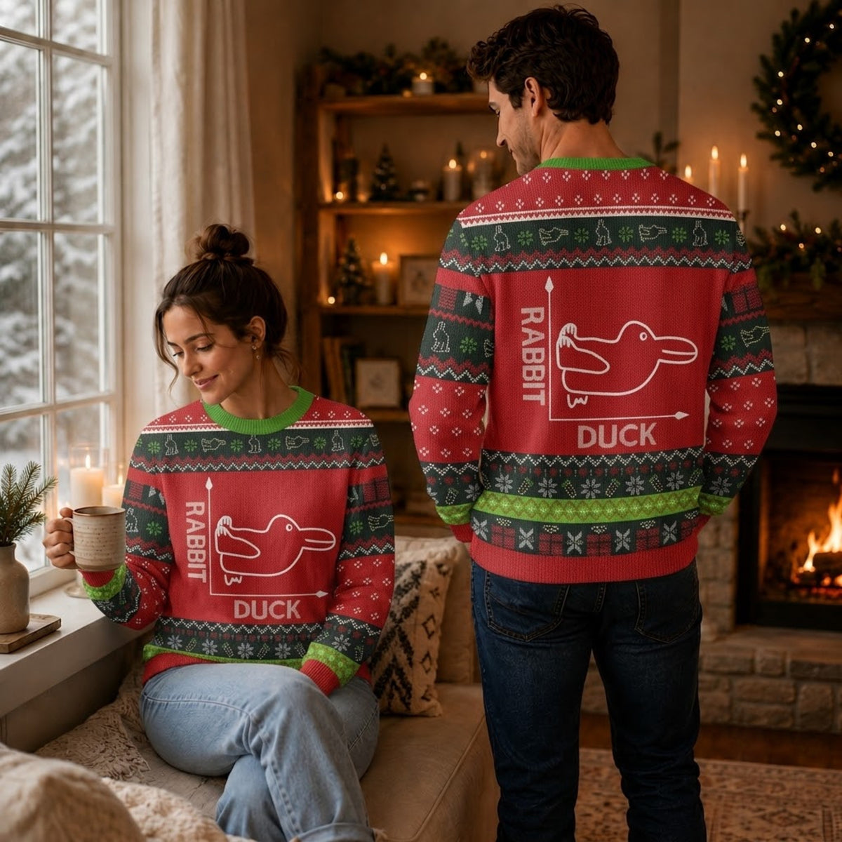 Rabbit or Duck Ugly Christmas Sweater - Funny Optical Illusion Red Holiday Knit Print