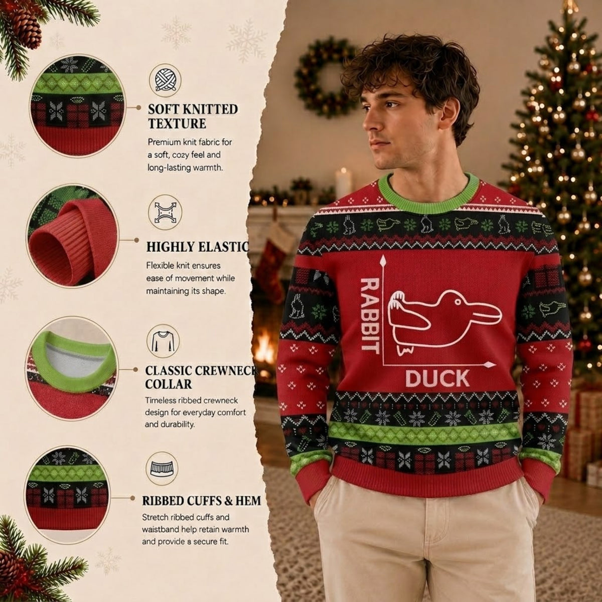 Rabbit or Duck Ugly Christmas Sweater - Funny Optical Illusion Red Holiday Knit Print