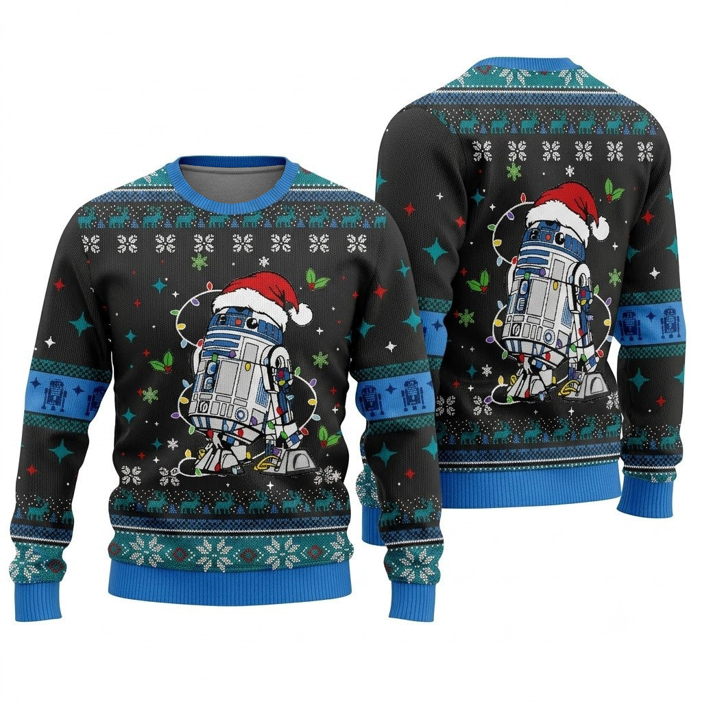 R2-D2 with Lights Ugly Christmas Sweater - Cute Sci-Fi Holiday Knit Print