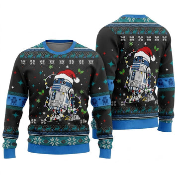 R2-D2 with Lights Ugly Christmas Sweater - Cute Sci-Fi Holiday Knit Print