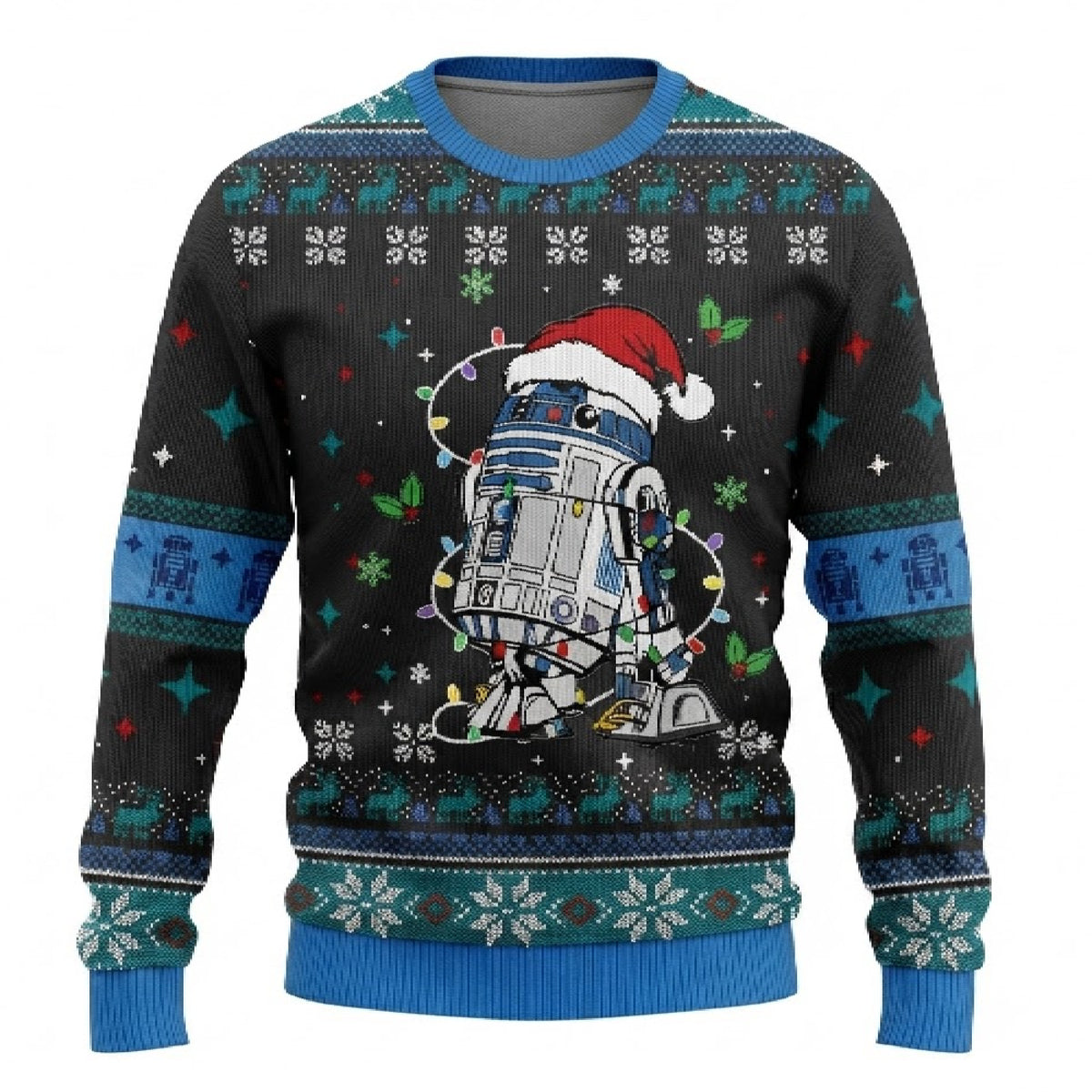 R2-D2 with Lights Ugly Christmas Sweater - Cute Sci-Fi Holiday Knit Print