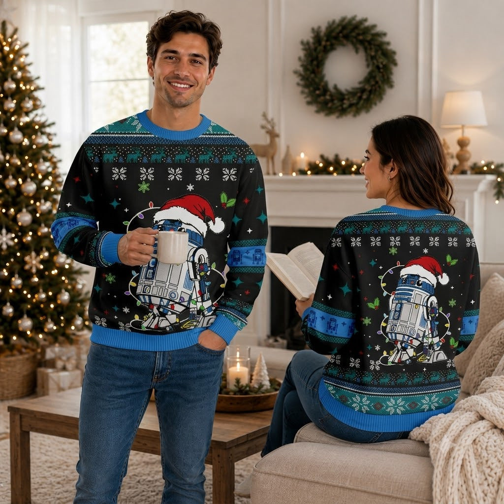 R2-D2 with Lights Ugly Christmas Sweater - Cute Sci-Fi Holiday Knit Print