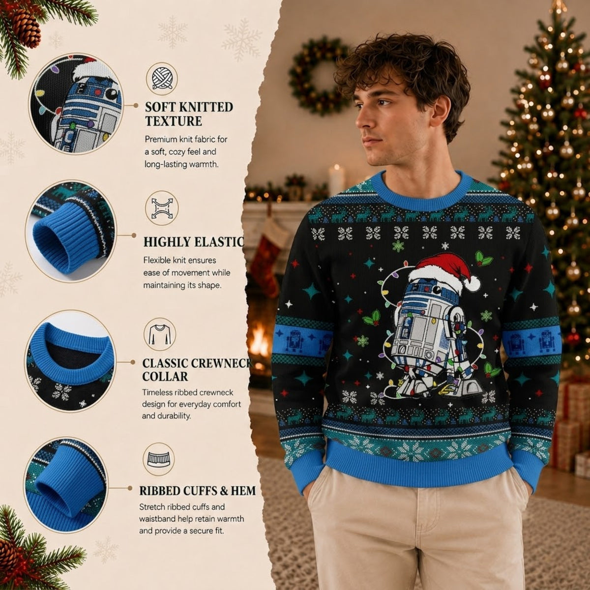 R2-D2 with Lights Ugly Christmas Sweater - Cute Sci-Fi Holiday Knit Print