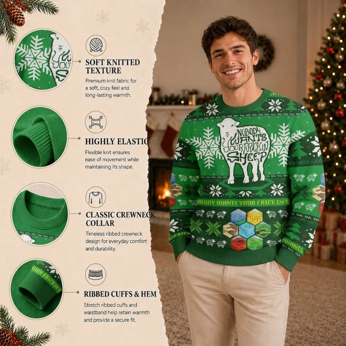 Nobody Wants Your Frickin Sheep Ugly Christmas Sweater - Strategy Board Game Holiday Knit Print