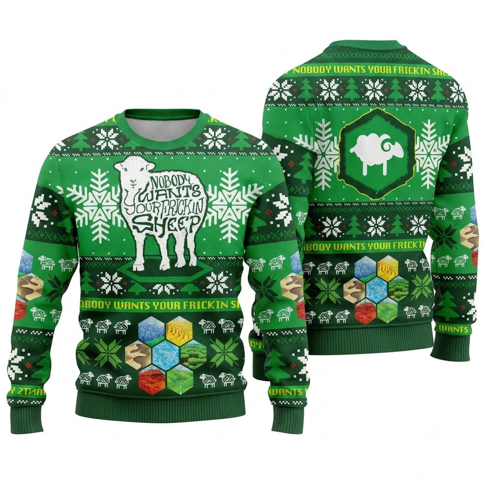 Nobody Wants Your Frickin Sheep Ugly Christmas Sweater - Strategy Board Game Holiday Knit Print