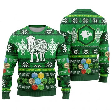 Nobody Wants Your Frickin Sheep Ugly Christmas Sweater - Strategy Board Game Holiday Knit Print