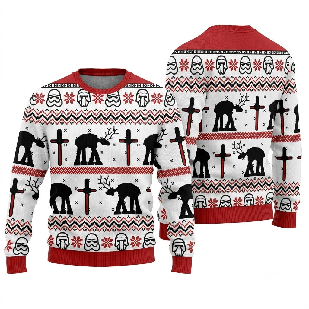 Mechanical Moose Walker Ugly Christmas Sweater - Retro Sci-Fi Holiday Knit Print