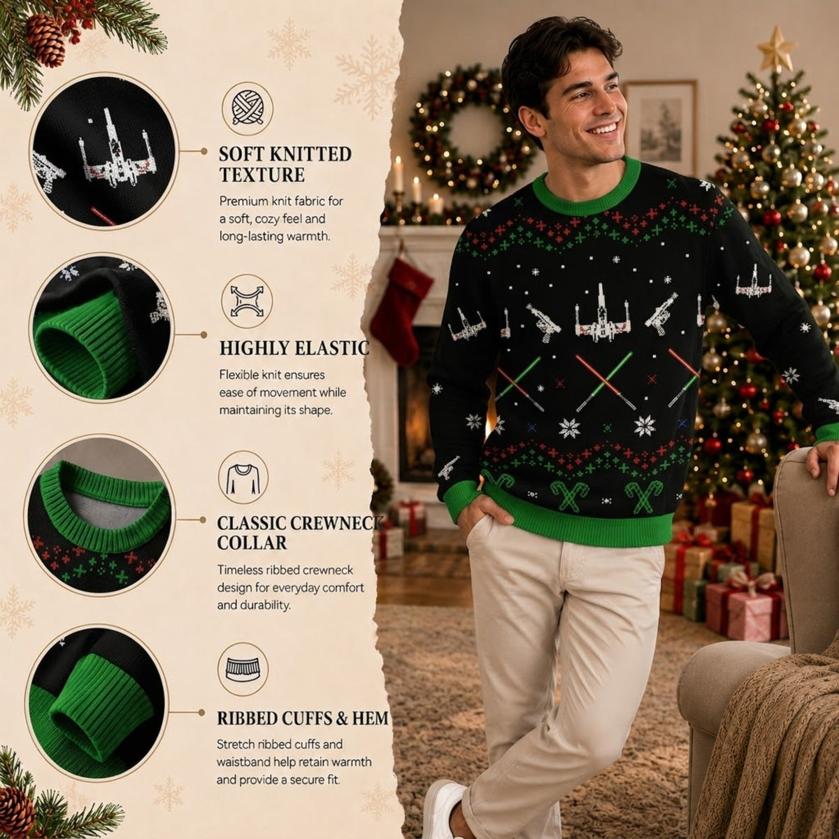 Rogue Black Ugly Christmas Sweater - Sci-Fi Movie Holiday Knit Print