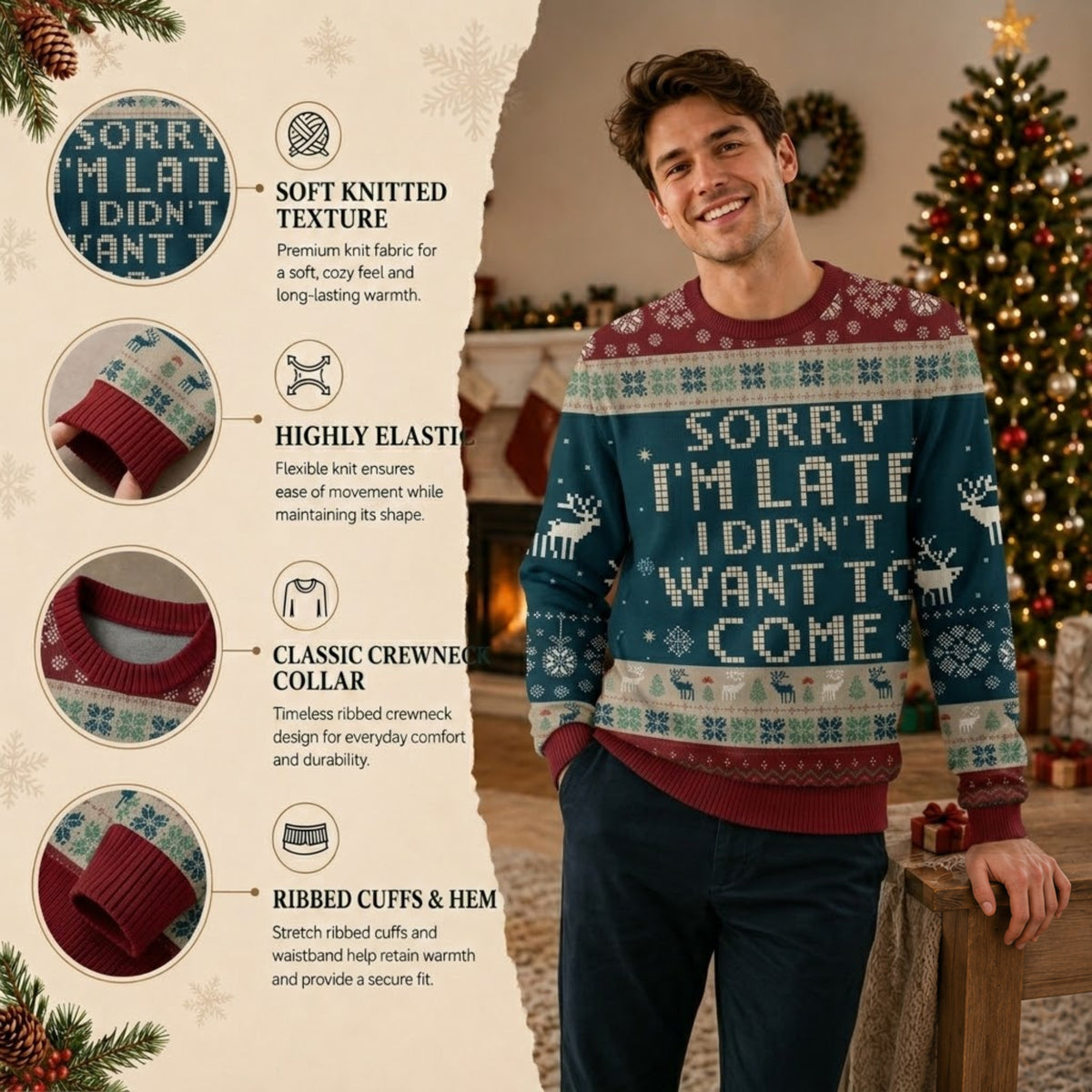 Sorry I Am Late I Did Not Want to Come Ugly Christmas Sweater - Funny Holiday Knit Print