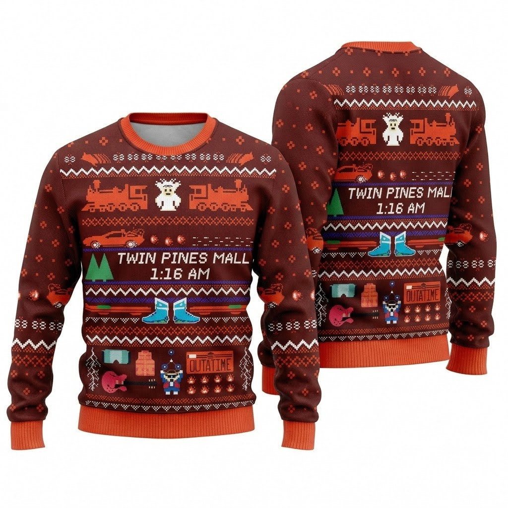Twin Pines Mall Ugly Christmas Sweater - Sci-Fi Time Travel Holiday Knit Print