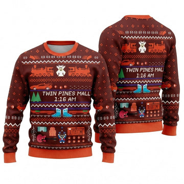 Twin Pines Mall Ugly Christmas Sweater - Sci-Fi Time Travel Holiday Knit Print