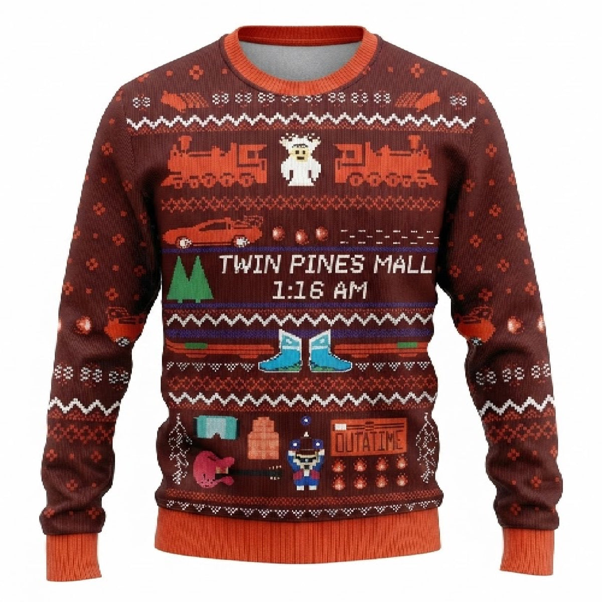 Twin Pines Mall Ugly Christmas Sweater - Sci-Fi Time Travel Holiday Knit Print