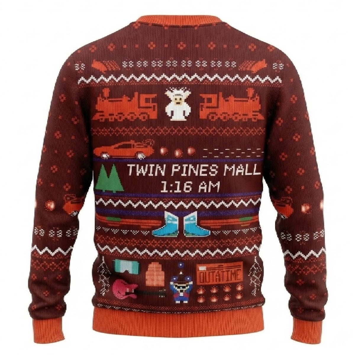 Twin Pines Mall Ugly Christmas Sweater - Sci-Fi Time Travel Holiday Knit Print