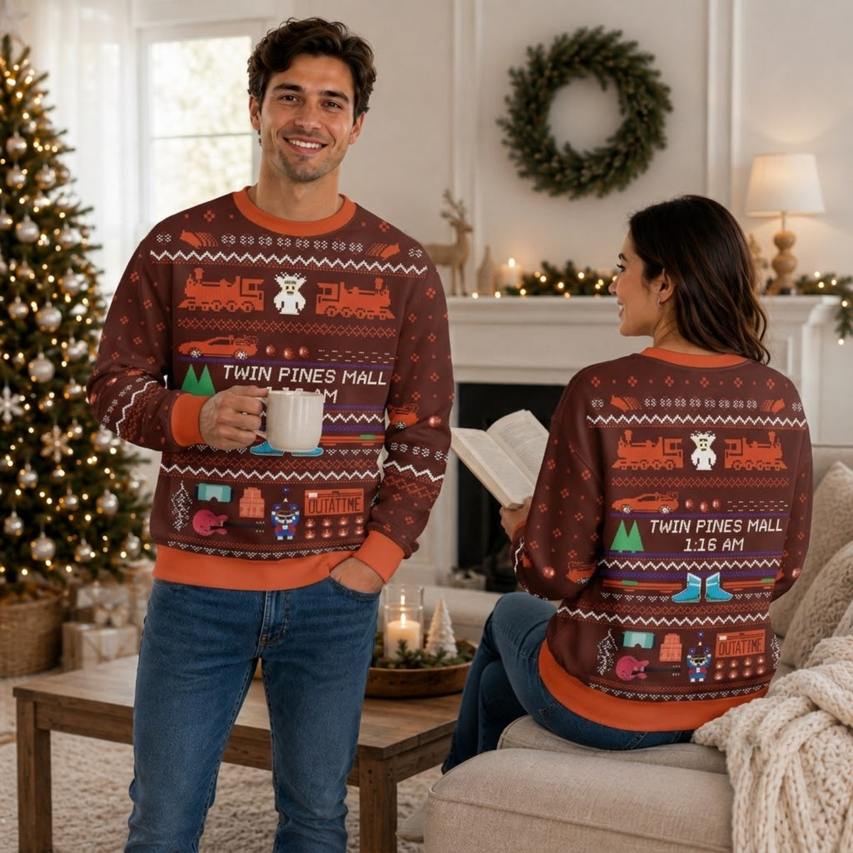 Twin Pines Mall Ugly Christmas Sweater - Sci-Fi Time Travel Holiday Knit Print